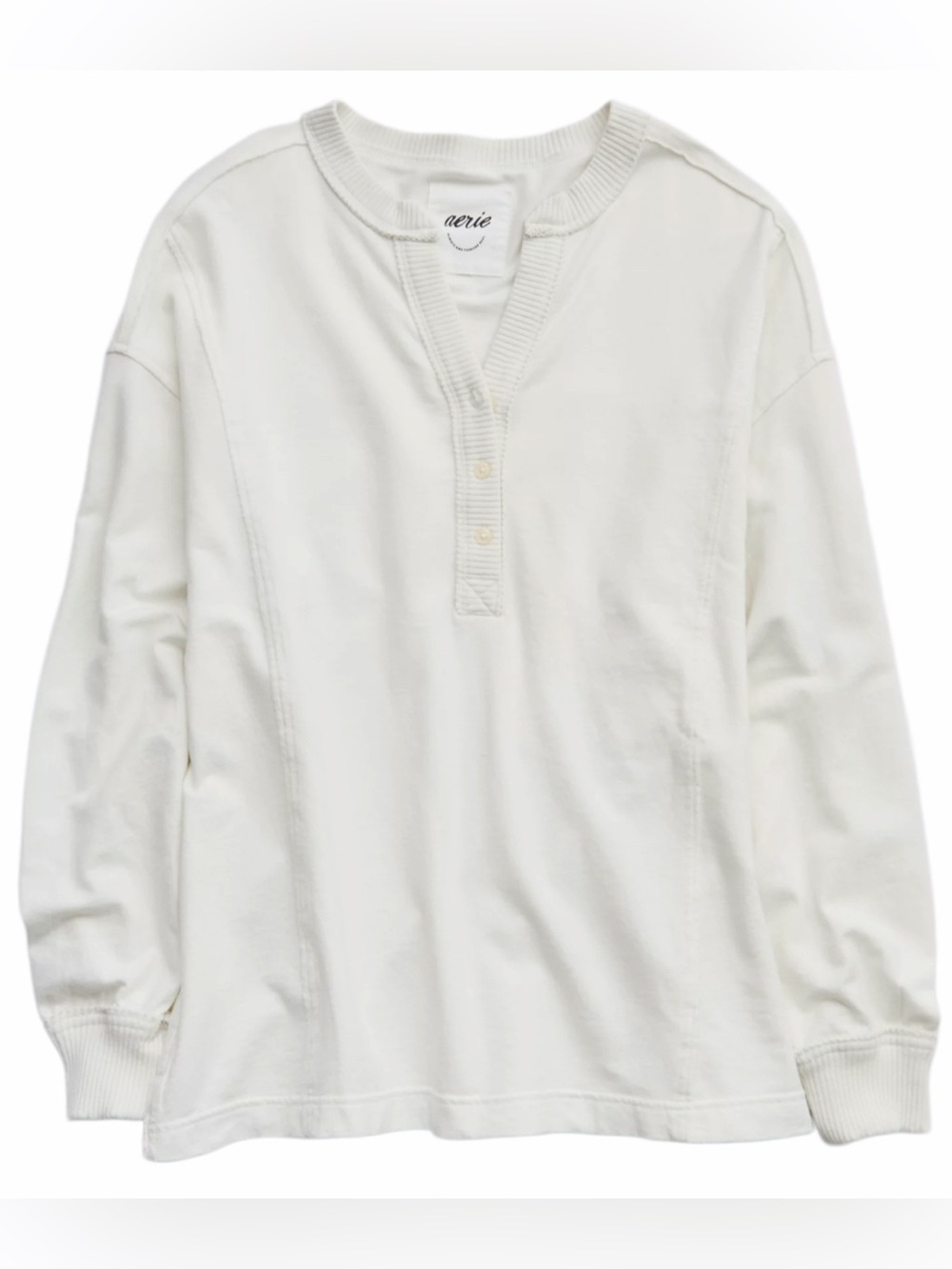 Aerie Poolside Terry Henley Sweatshirt Women's Long Sleeve Pullover Casual Top